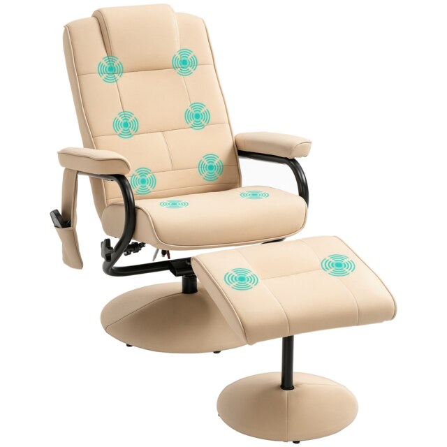 HOMCOM Swivel Recliner Chair and Footstool, Faux Leather Massage Recliner Armchair with Remote Control and Round Wrapped Base, Beige