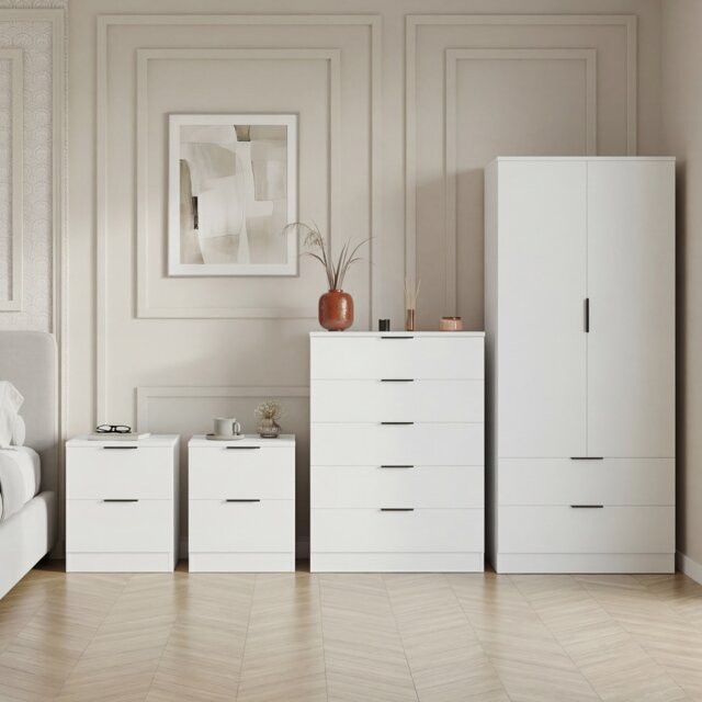 Vida Designs Trega 4 Piece Bedroom Set (2 Drawer Bedside Chest x2, 5 Drawer Chest, 2 Door 2 Drawer Wardrobe) White