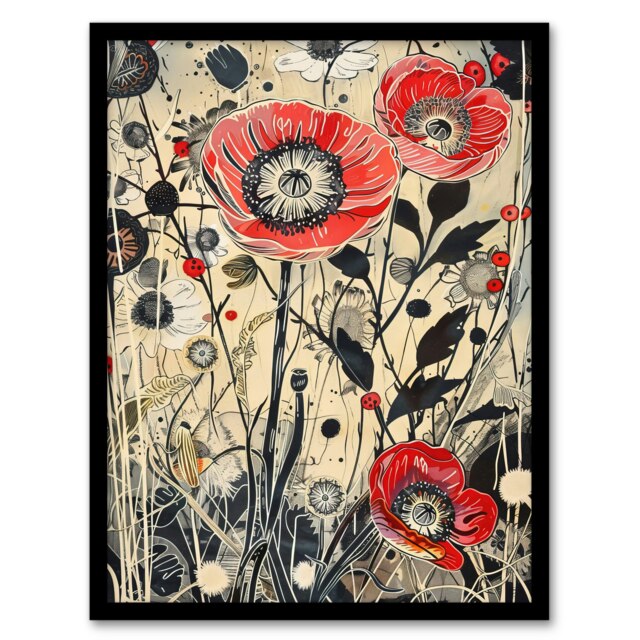 Wildflower Field Spring Poppy Flowers Living Room Black Framed Wall Art Print A4