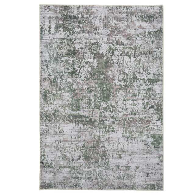 KUKOON Silver Grey Green Distressed Abstract Non Slip Washable Low Pile Rug 200cm x 290cm Green