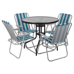 Garden Table & Folding Deck Chairs Set 2 4 Seater Outdoor Patio Dining Furniture White Table + 4 White & Blue Stripes Chairs