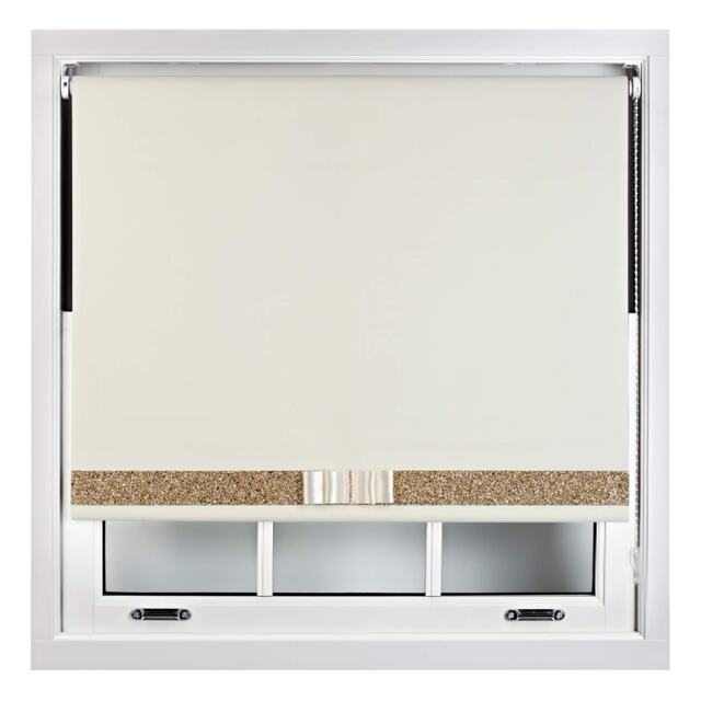 FURNISHED Blackout Roller Blind with Gold Glitter Trim and Cream Bow Trimmable Window Shade Cream Cream (W) 100cm x (L) 165cm