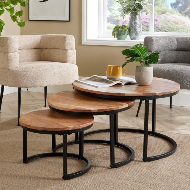 Nest 3 Tables Solid Acacia Wooden Top Home Compact Furniture Design Living Room