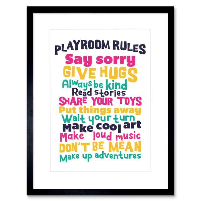"Kids Playroom Rules Fun Colourful 9x7"" Black Framed Wall Art Print"