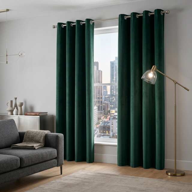 Velvet Chenille Eyelet Curtains Ready Made Pair - 142cm x 183cm - Green