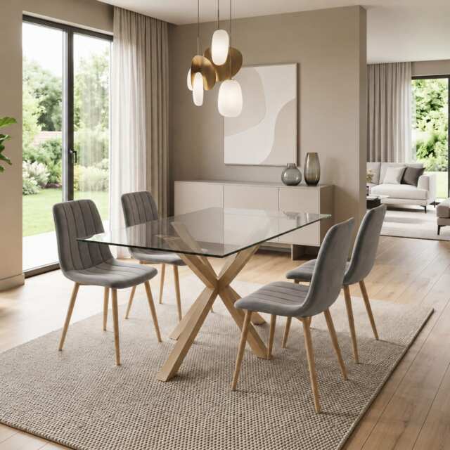 KOSY KOALA 4 Seater Forest Rectangle Tempered Glass Dining Table Set with 4 Grey Chairs and Wood Effect X Shaped Metal Legs for Kitchen & Dining Room