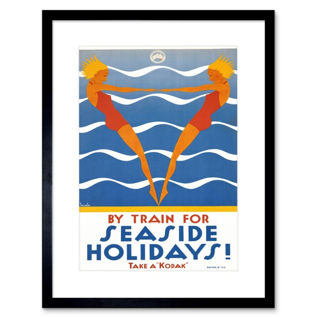 "Seaside Holidays Swim Australia Train Vintage Advert 9x7"" Black Framed Wall Art Print"