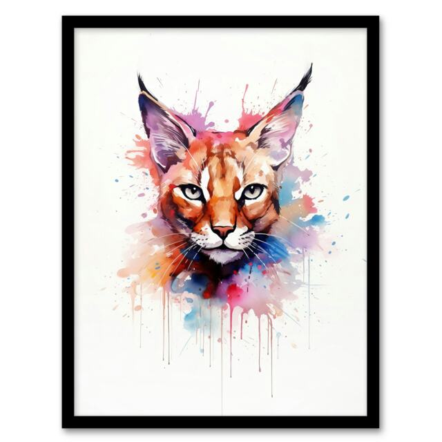 Cat Caracal Watercolour Pet Portrait Home Decor Black Framed Wall Art Print A4