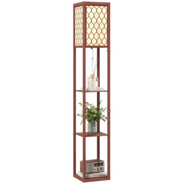 HOMCOM Floor Lamp with Shelves, Modern Tall Standing Lamps with Fabric Lampshade, Chain Switch and Single Light for Living Room, Bedroom, Bulb not Included, Brown Brown