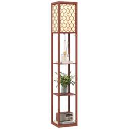 HOMCOM Floor Lamp with Shelves, Modern Tall Standing Lamps with Fabric Lampshade, Chain Switch and Single Light for Living Room, Bedroom, Bulb not Included, Brown