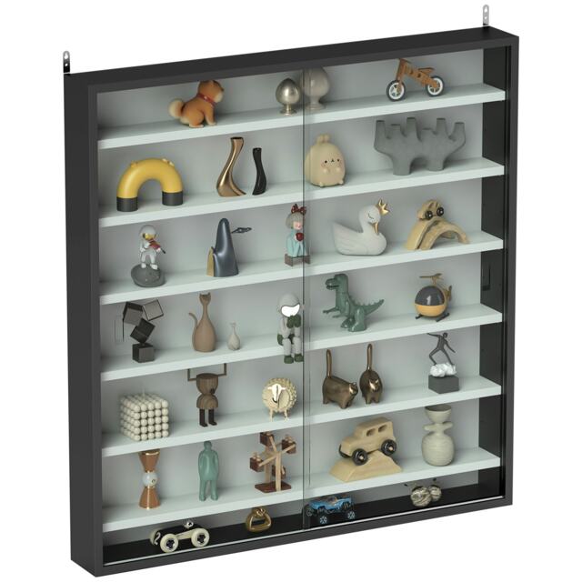 HOMCOM Wall Display Cabinet w/ Shelves Glass Doors Black