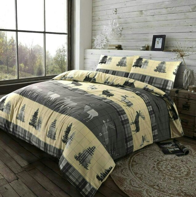 Brushed Cotton Tartan Stag Duvet Cover Set - King - Grey Grey King