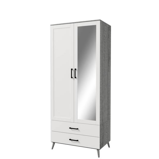 2-Door 2-Drawer Mirror Wardrobe with Legs Grey Ash Grey & White 55 x 9.5 x 149 1