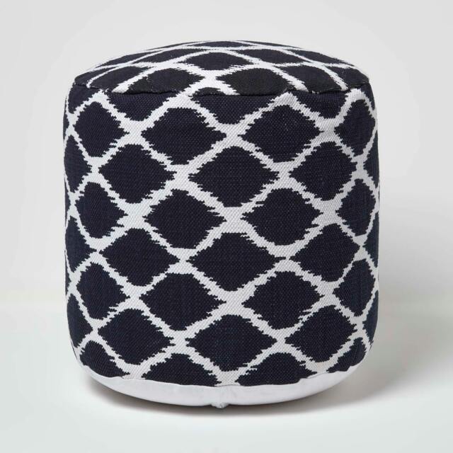 Homescapes Circular Blue and Natural Colour Ikat Round Footstool
