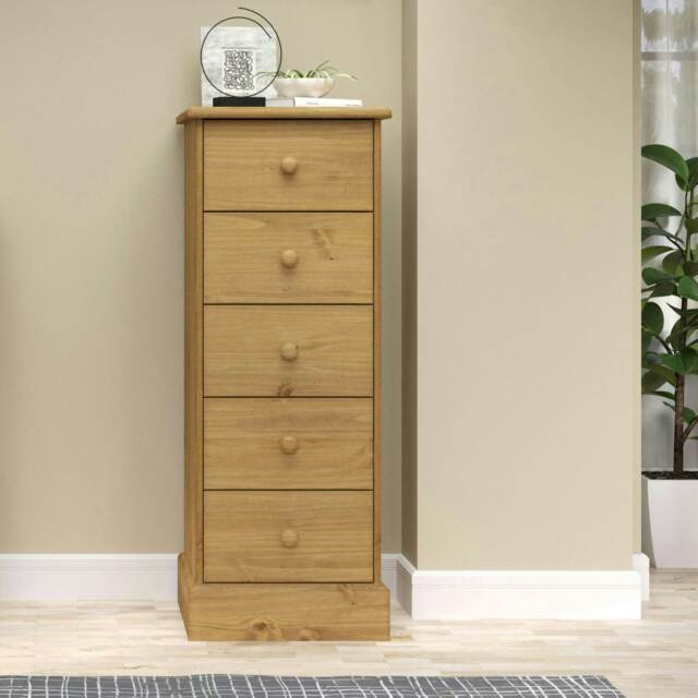 Cotswold 5 Drawer Narrow Chest of Drawers - Antique Waxed Pine Bedroom Storage with Turned Handles Brown Brown 1