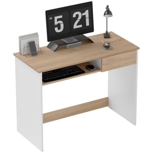 HOMCOM 100cm Compact Computer Desk with Keyboard Tray, Home Office Desk with Drawer for Bedroom Study, Oak Yellow White