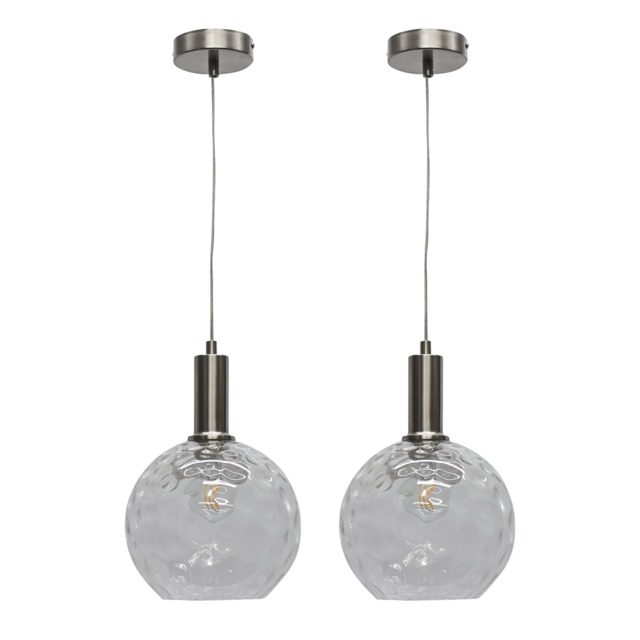 Set of 2 Barnum - Clear Dimple Glass Globe Satin Nickel Deco Pendants