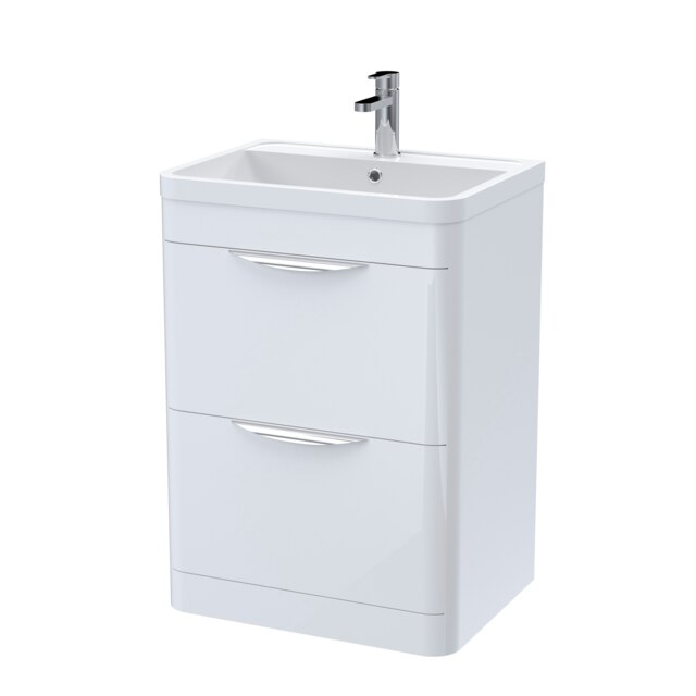 Floor Standing 2 Drawer Vanity Unit with Ceramic Basin - 600mm - Gloss White White