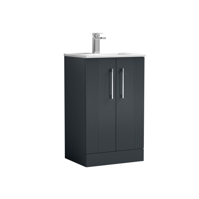 Partial Fluted 2 Door Floor Standing Vanity Unit with 1 Tap Hole Minimalist Basin - 500mm - Satin Dark Grey Grey