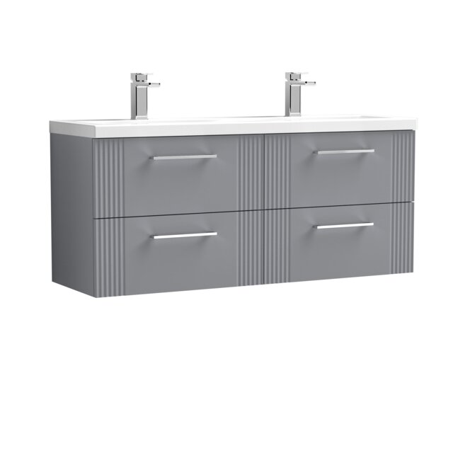 Balterley Partial Fluted 4 Drawer Wall Hung Vanity Unit with Double Ceramic Basin Grey Satin Grey