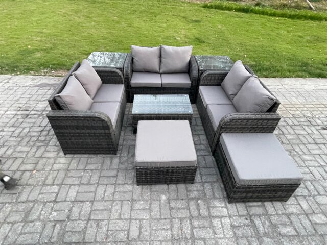 Fimous Wicker PE Rattan Garden Furniture Set 8 Seater Outdoor Lounge Sofa Set with Love Sofa Coffee Table 2 Side Tables 2 Big Footstool Dark Grey Mixed