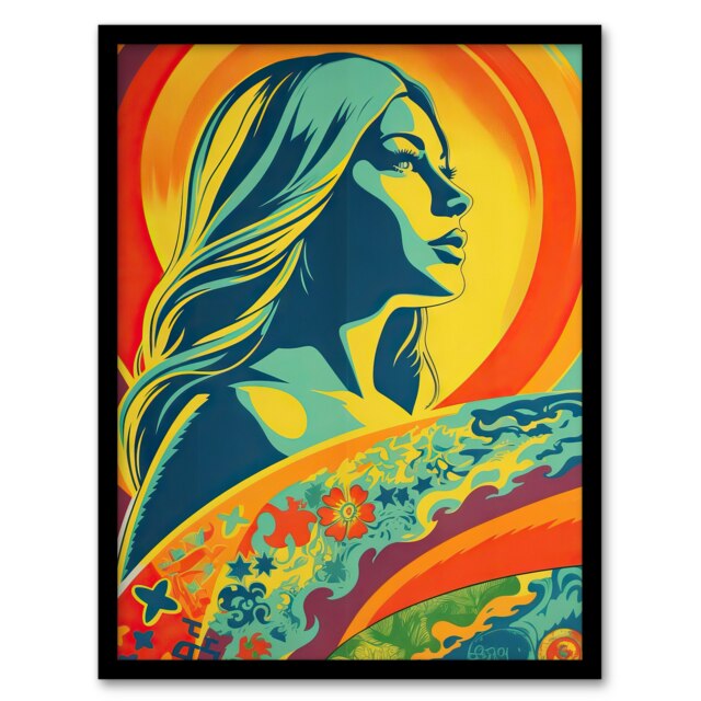 Girl Surfer Aesthetic Sunset Surfing Floral Black Framed Wall Art Print A4