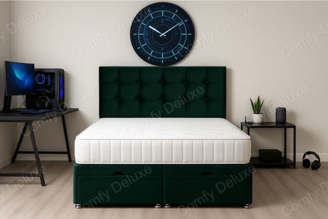 Cube Green Plush Foot Lift Ottoman Divan 3ft Single Bed Set Headboard and Mattress