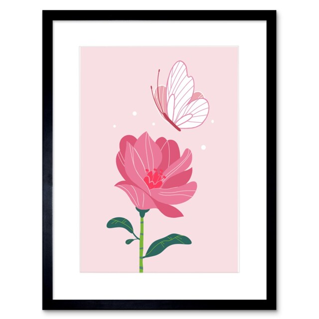 "Magical Garden Flower Butterfly Pink Girl Kids Bedroom 9x7"" Black Framed Wall Art Print"