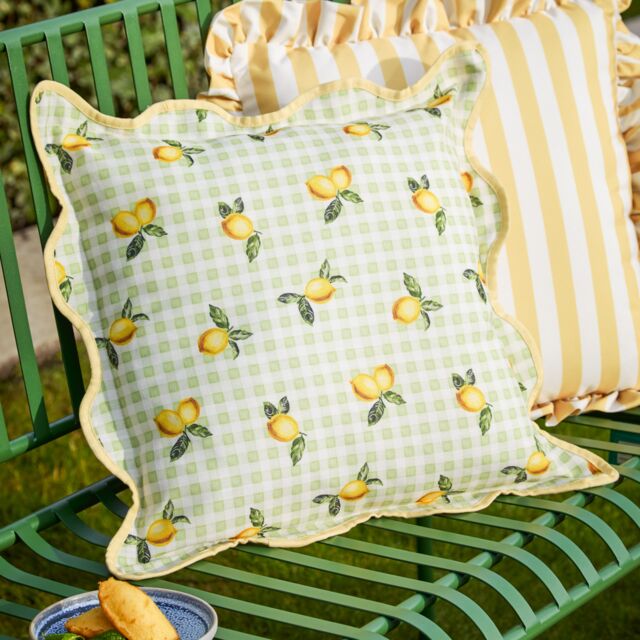 Furn Fruits Lemons Gingham Check Outdoor Cushion Green Sage