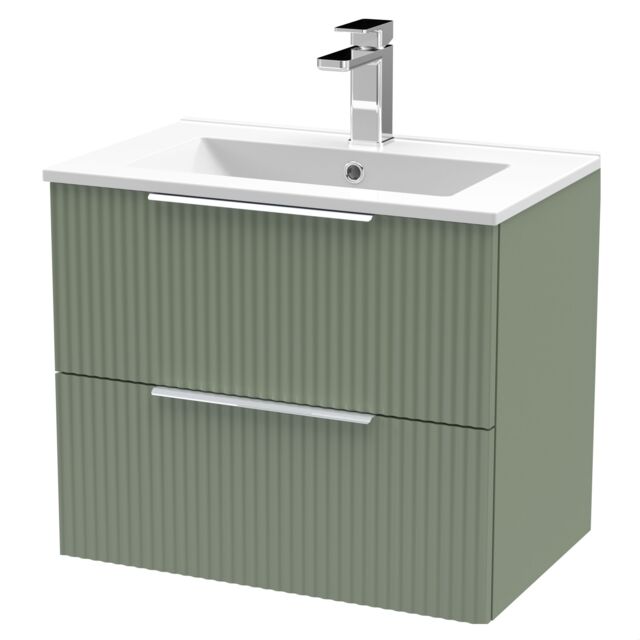 Balterley Tixall Fluted 2 Drawer Wall Hung Vanity Unit with Minimalist Basin, Satin Green, 600mm