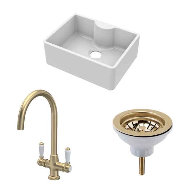 Balterley Fireclay Kitchen Bundle Single Bowl Butler Sink with Tap Ledge, Waste & Mono Lever Mixer Tap White White 3