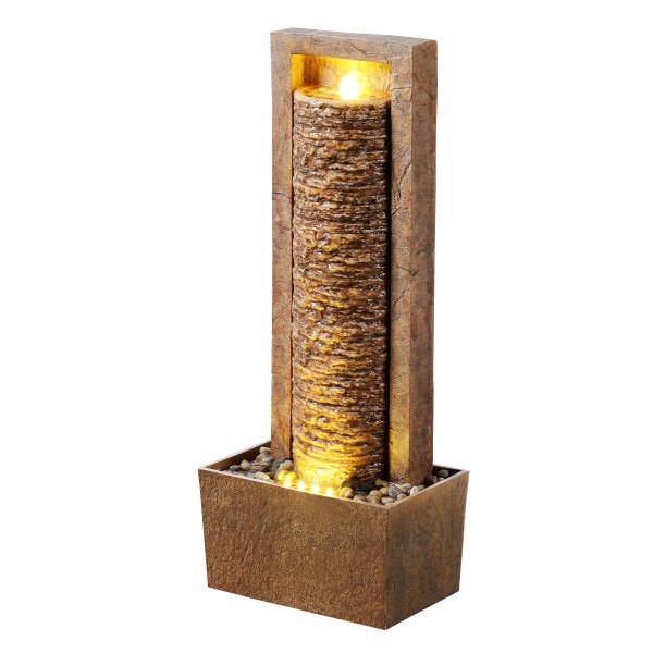 Teamson Home Garden Outdoor Water Feature, Tall Waterfall Water Fountain, With Warm LED Lights, Layered Rock Design - Brown