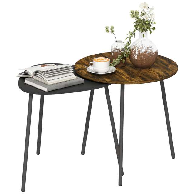HOMCOM Set of 2 Nesting Side Table with Metal Frame, Rustic Brown Brown