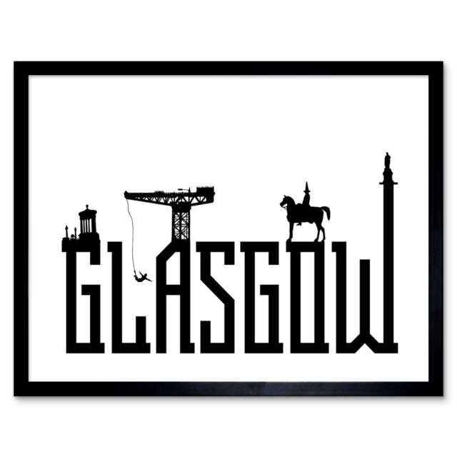 "Glasgow City Scotland Landmarks Silhouettes 12x16"" Framed Wall Art Print"