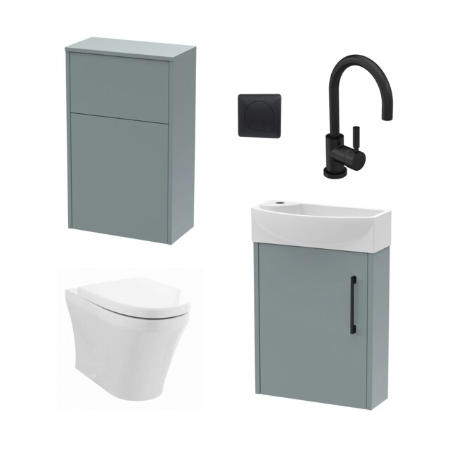 Power Cloakroom Bundle - Right Wall Hung Vanity Unit, Concealed Cistern WC Unit, Toilet & Tap, 440mm - Grey/Black - Balterley Brown
