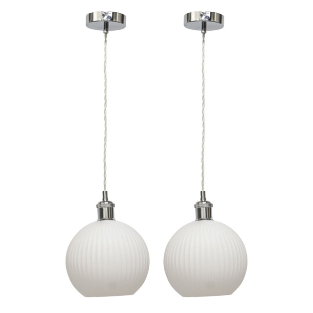 Set of 2 Betchley - White Ribbed Glass Globe Chrome Retro Pendants