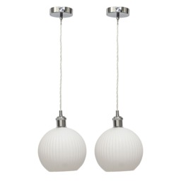Set of 2 Betchley - White Ribbed Glass Globe Chrome Retro Pendants