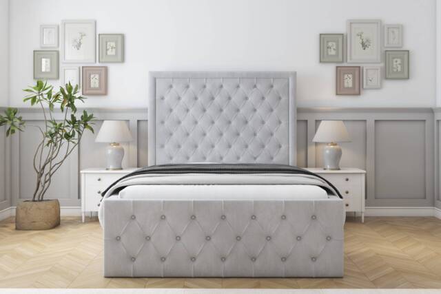 "Sloomy Vienna Silver Naples Bed Frame With Mattress With 50"" Upholstered Headboard 4'6 Double"