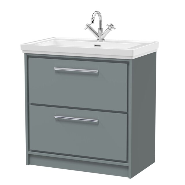 Balterley Modern Bathroom Floor Standing 2-Drawer Vanity Unit with Fireclay Basin - 1 Tap Hole Grey Monument Grey 1