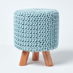 Homescapes Pastel Blue Tall Cotton Knitted Footstool on Legs Blue 32 x 32 x 42 cm