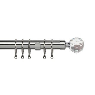 35mm Fixed Length Metal Curtain Pole Set Chrome Acrylic Ball Finial 220cm Silver Silver