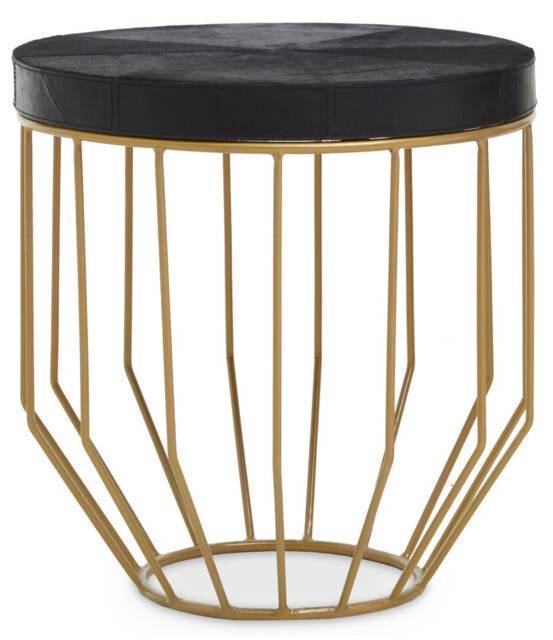 Orsina Round Side Table, Black Hair On Hide Leather Top, Gold Iron Geometric Frame, Modern Luxe Accent Table