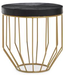 Orsina Round Side Table, Black Hair On Hide Leather Top, Gold Iron Geometric Frame, Modern Luxe Accent Table