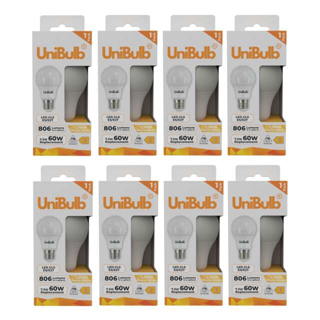 UniBulb LED GLS E27 Edison Screw (ES) 806lm 7.3W (Replaces 60W) 2700K (Warm White) Light Bulb - Pack of 8