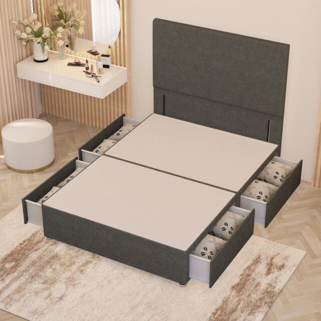 Divan Bed Base with 4 Drawers & Plain Floor Standing Headboard Linen Fabric Silver Silver