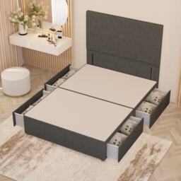 Divan Bed Base with 4 Drawers & Plain Floor Standing Headboard Linen Fabric Silver Silver
