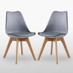 Set of 2 Scandinavian Dining Chairs with Leather Cushions Solid Wood Legs Grey
