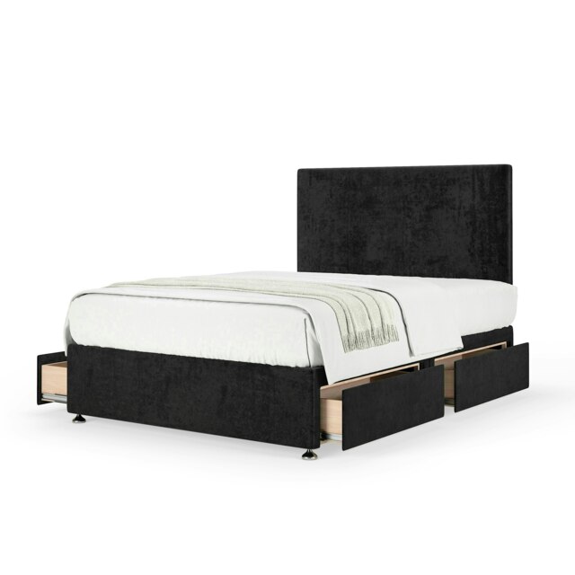 Majestic 1000 Pocket Sprung Black Naples Velvet 4 Drawer Divan Set And Valencia Headboard Small Double