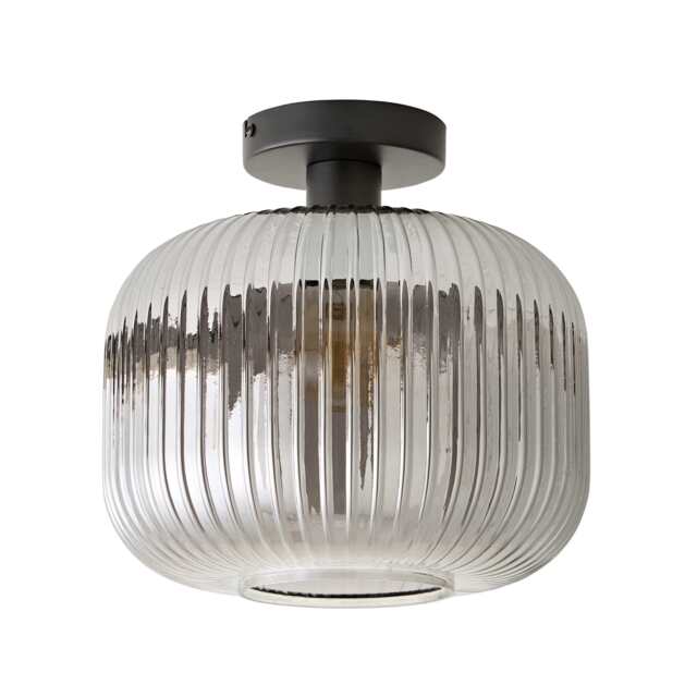 ValueLights Calpe Black Ceiling Light Ribbed Smoked Glass Shade Black