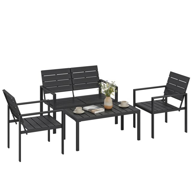Outsunny 4 Piece Garden Furniture Set, HDPE Metal Outdoor Sofa, Black Black Black Four Seater